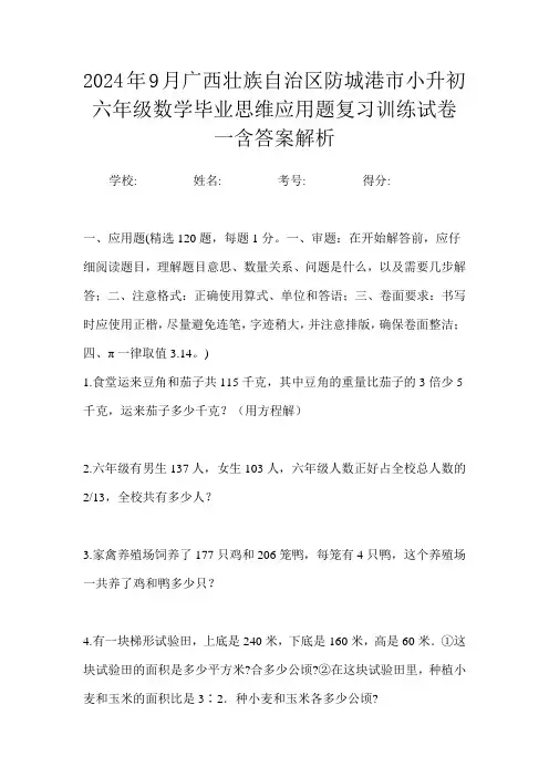 2024年9月广西壮族自治区防城港市小升初数学六年级毕业思维应用题复习训练试卷一含答案解析