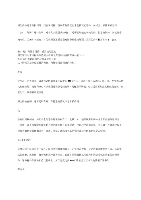 阀门内件和密封面常用的材质