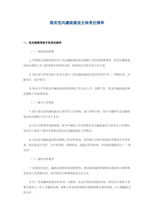 落实党风廉政建设主体责任清单