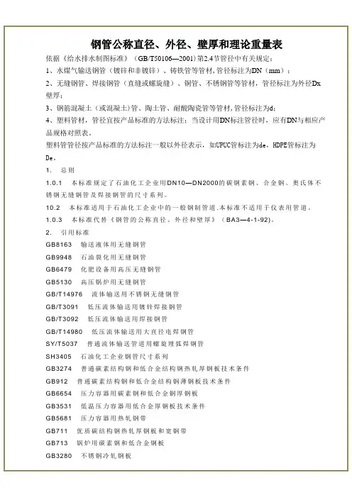钢管公称直径、外径、壁厚和理论重量表