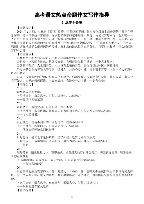 高中语文2024届高考热点命题作文写作指导(命题描述+借鉴观点+高分金句+作文练习)