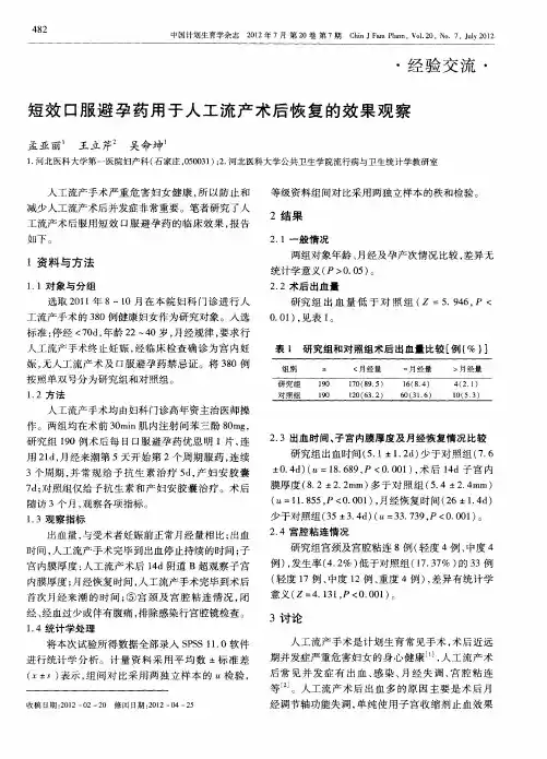短效口服避孕药用于人工流产术后恢复的效果观察