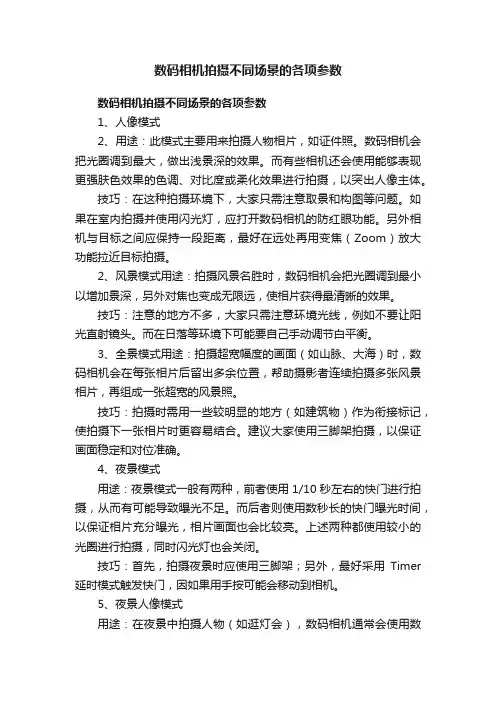 数码相机拍摄不同场景的各项参数