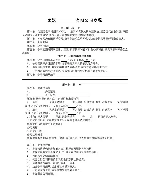 武汉公司章程模版(工商注册)