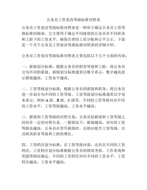 公务员工资套改等级标准对照表