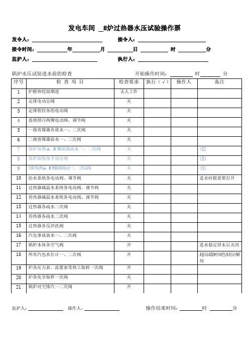 锅炉水压试验(过热器)操作票