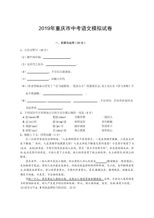 天津市2019年中考语文模拟考试含答案