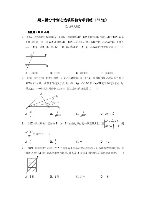 八年级数学上册(北师大版)期末满分计划之选填压轴专项训练(30道)