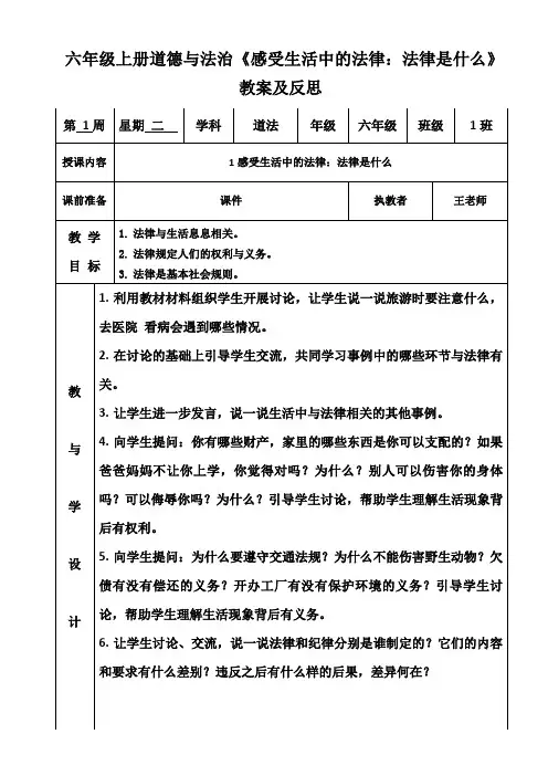 六年级上册道德与法治《感受生活中的法律：法律是什么》教案及反思