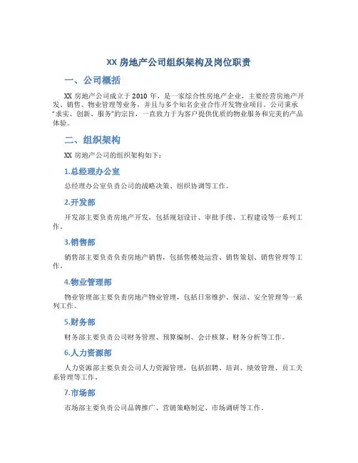 XX房地产公司组织架构及岗位职责