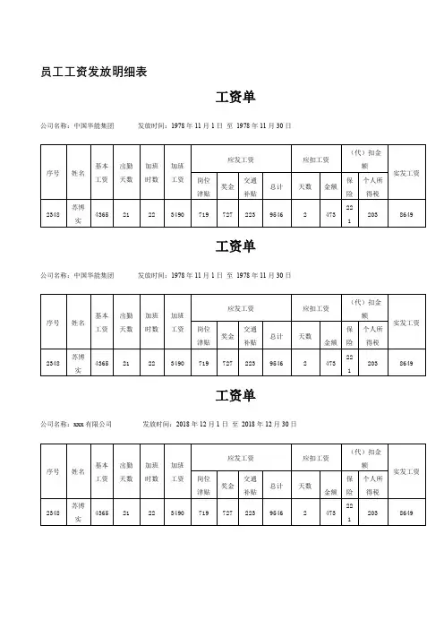 员工工资发放明细表