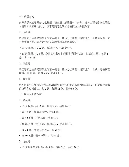 高考数学试卷模块及分值