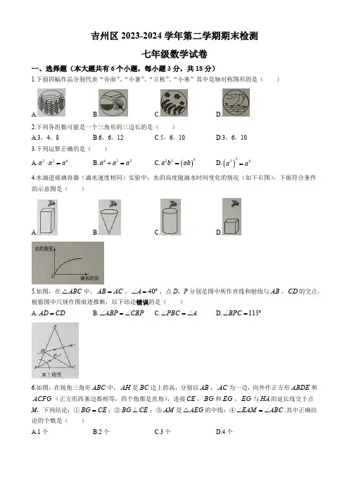 江西省吉安市吉州区2023-2024学年七年级下学期期末数学试题(含答案)