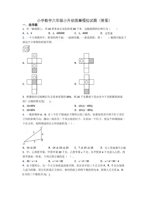 小学数学六年级小升初质量模拟试题(答案)