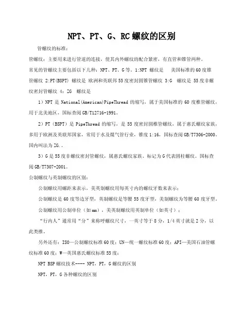 NPT、PT、G、RC等管螺纹的区别