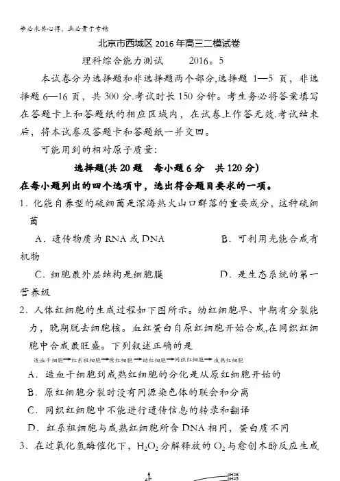 北京市西城区2016届高三二模考试理综试卷 含答案
