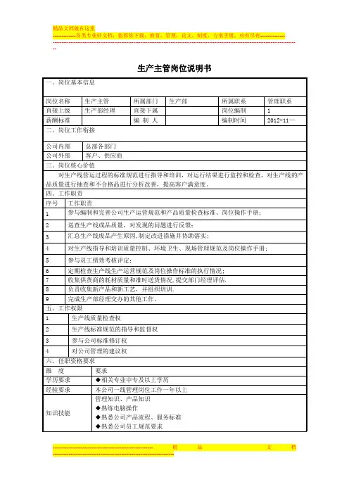 生产主管岗位说明书