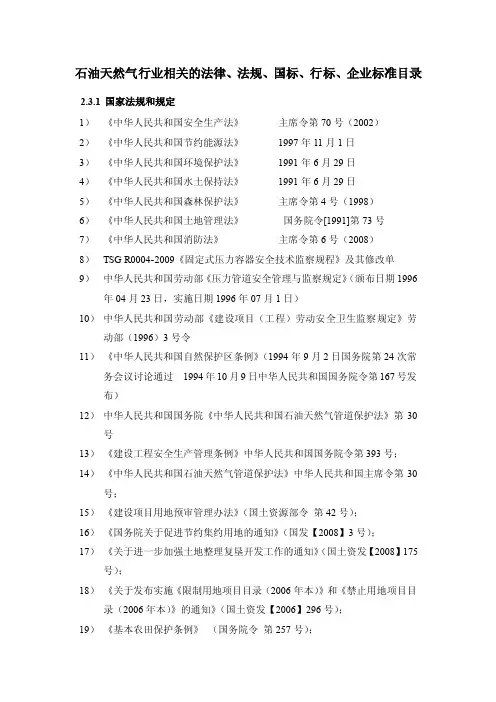 石油天然气行业相关的法律法规、标准（目录）