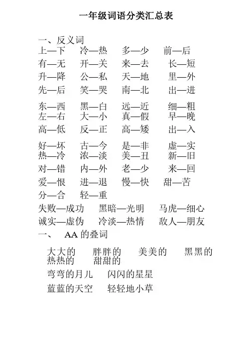 一年级词语分类汇总表
