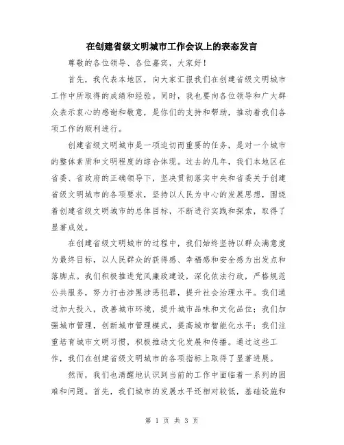 在创建省级文明城市工作会议上的表态发言