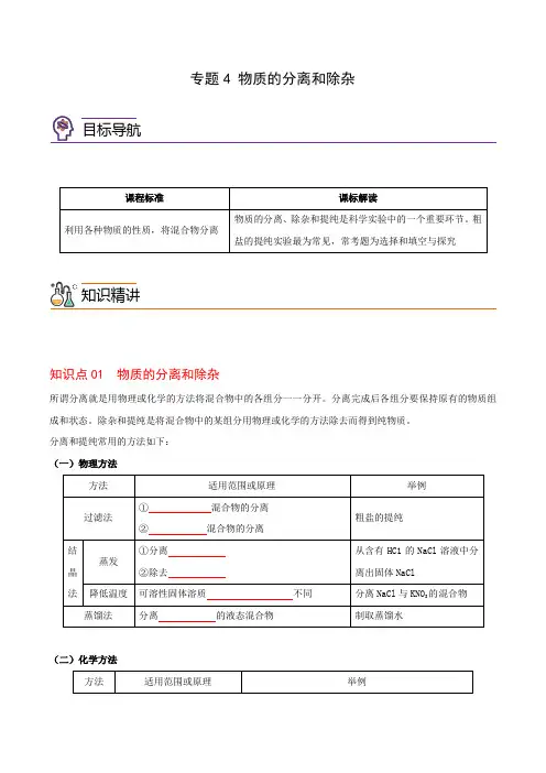 专题4物质的分离和除杂(学生版+解析)
