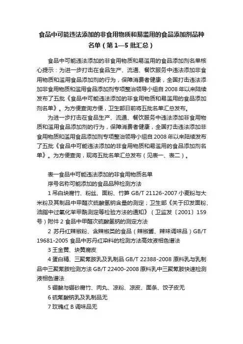 食品中可能违法添加的非食用物质和易滥用的食品添加剂品种名单（第1—5批汇总）
