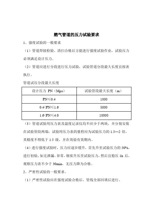燃气管道的压力试验要求