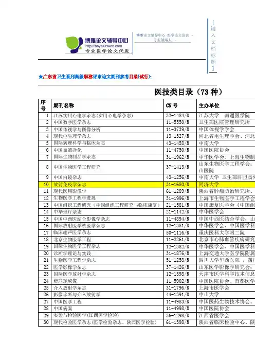 广东省卫生系列高级职称评审论文期刊医技专业专业参考目录(试行)-