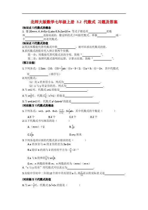 北师大版数学七年级上册《代数式》 课时习题及答案