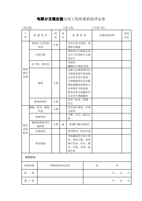 电缆分支箱安装分项工程质量检验评定表