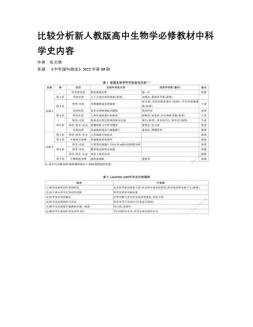比较分析新人教版高中生物学必修教材中科学史内容