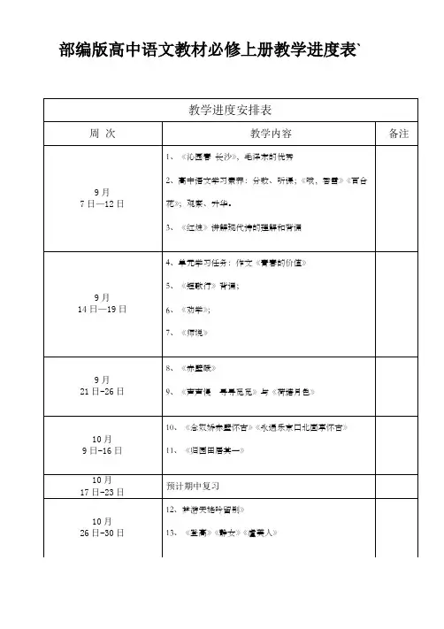部编版高中语文教材必修上册教学进度表