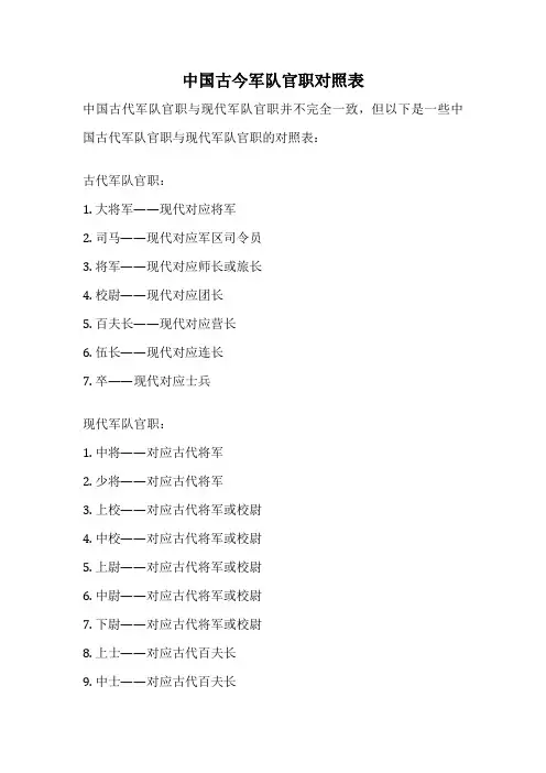 中国古今军队官职对照表