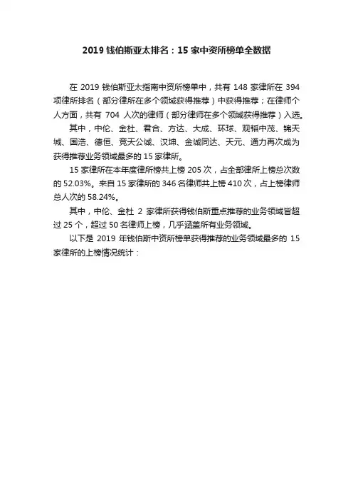 2019钱伯斯亚太排名：15家中资所榜单全数据