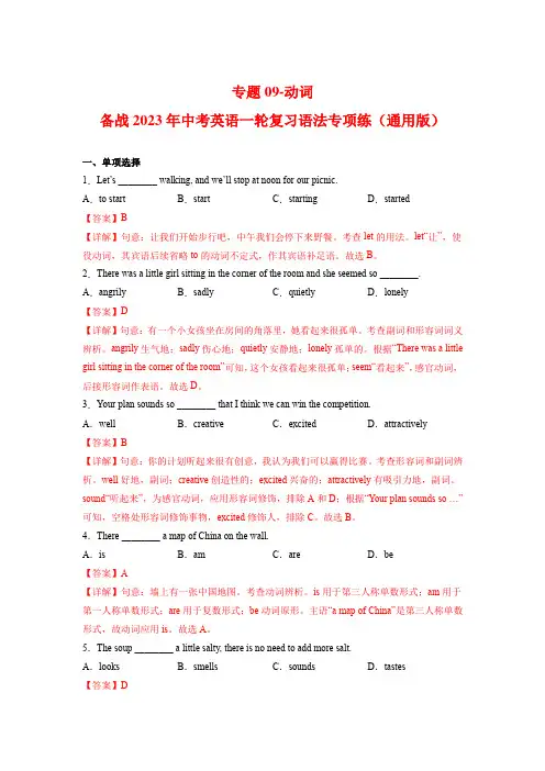 专题09-动词-备战2023年中考英语一轮复习语法专项练(通用版)(解析版)