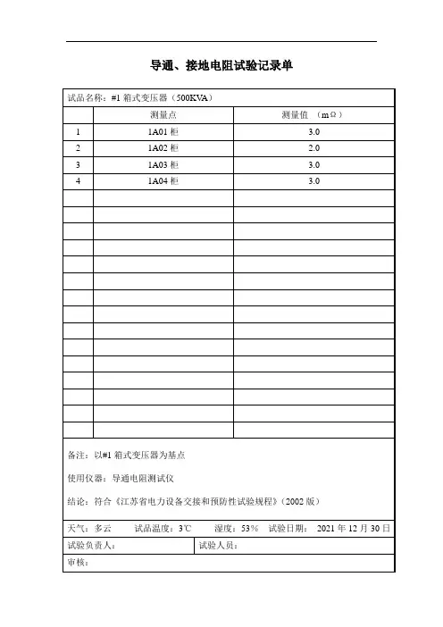 箱变接地、导通电阻测试记录