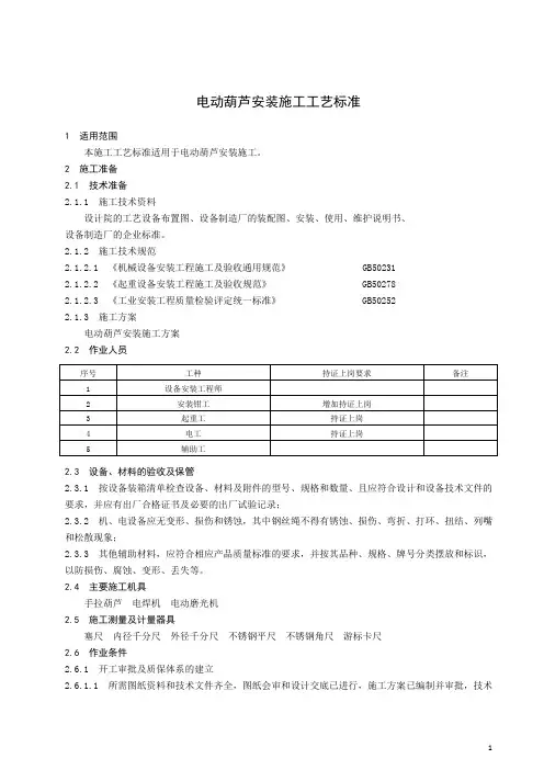 电动葫芦安装施工工艺标准