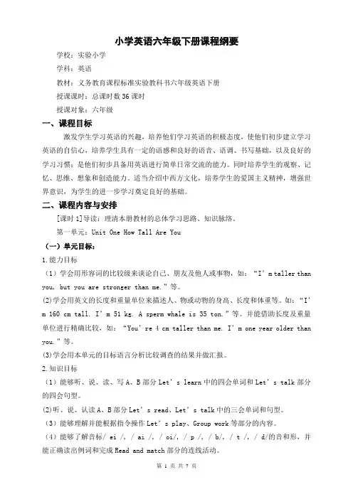 小学英语六年级下册课程纲要