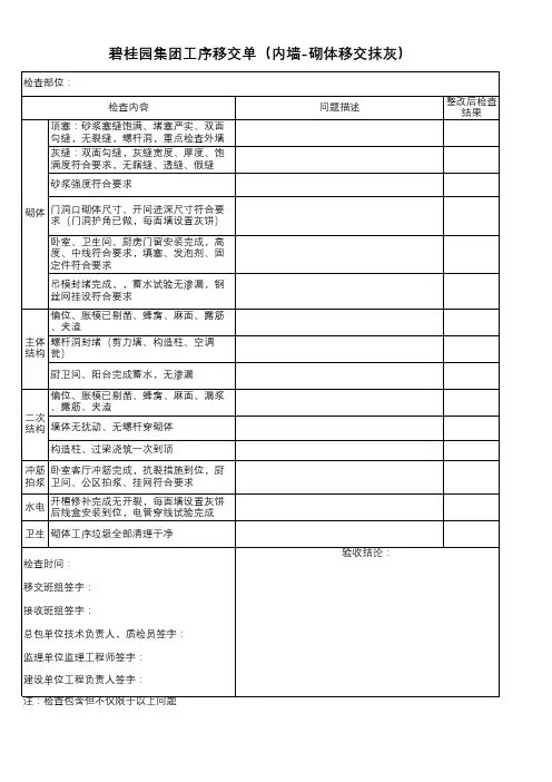 工序交接单 (内墙砌体移交抹灰)