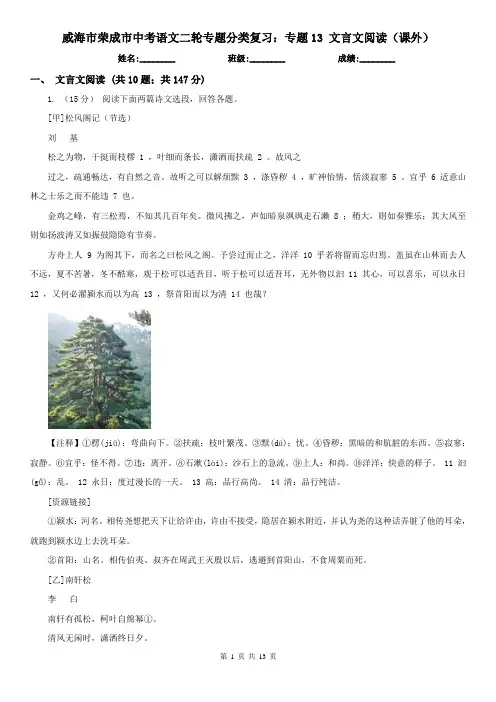 威海市荣成市中考语文二轮专题分类复习：专题13 文言文阅读(课外)