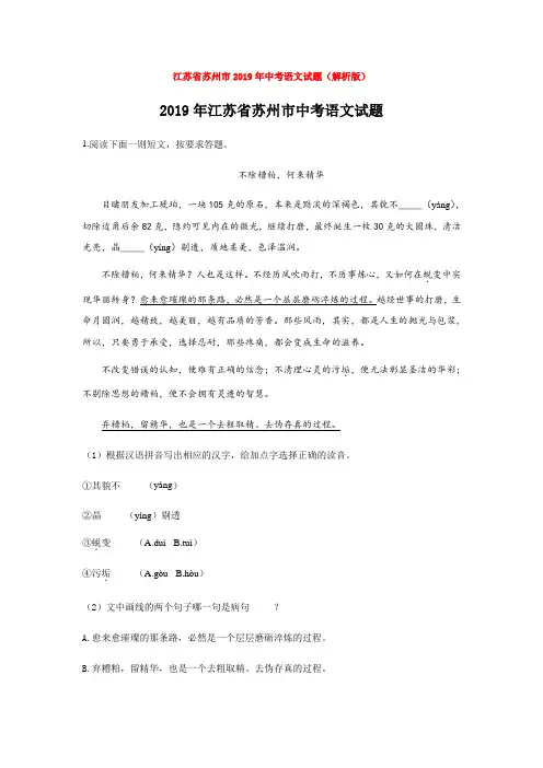江苏省苏州市2019年中考语文试题(解析版)
