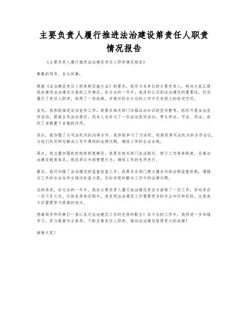 主要负责人履行推进法治建设第责任人职责情况报告