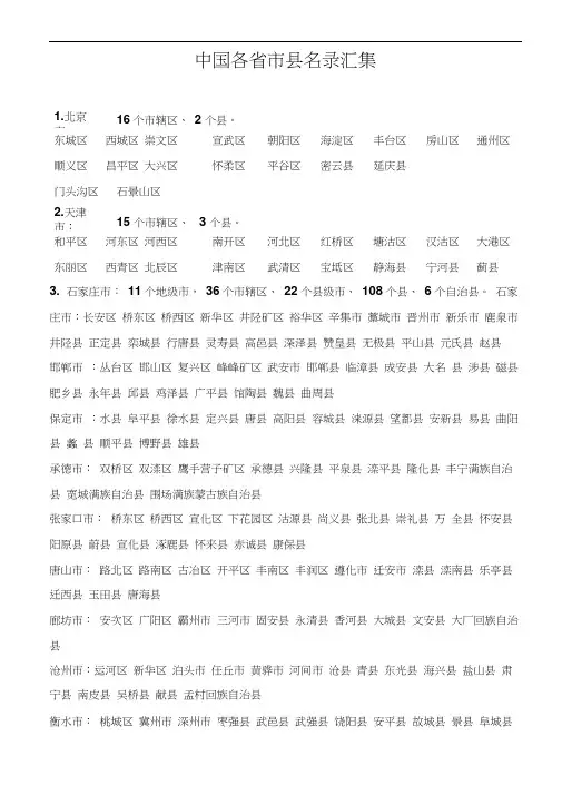 中国各省市县名录汇集中国省市县名录