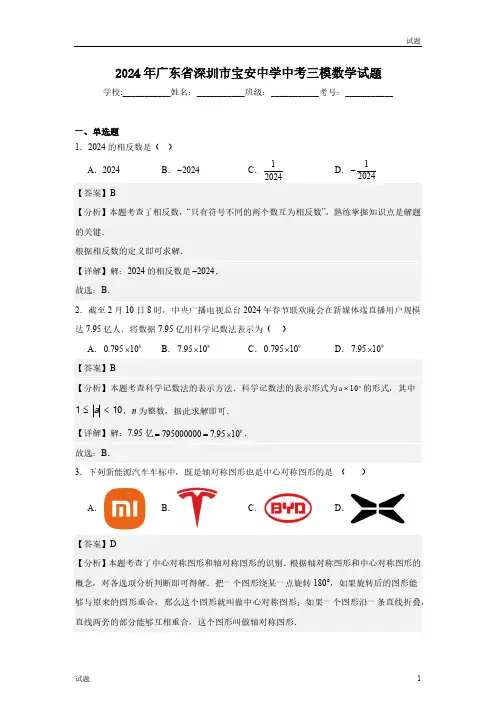 2024年广东省深圳市宝安中学初三三模数学试题含答案解析