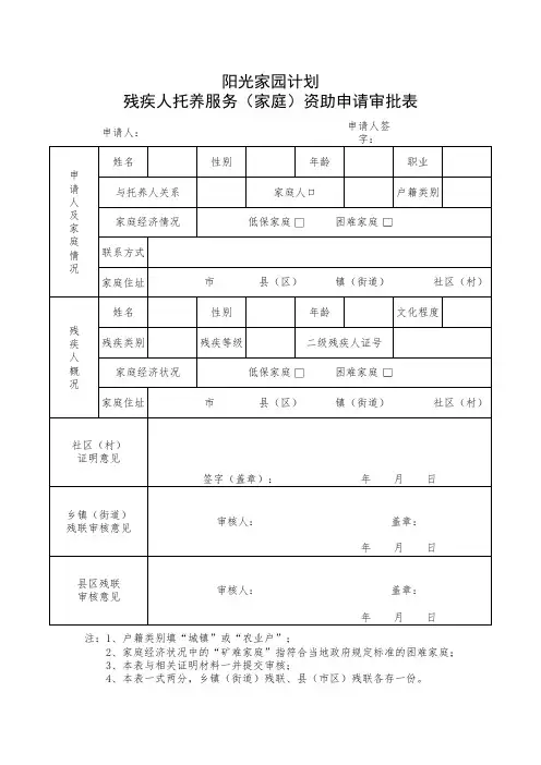 阳光家园计划残疾人托养服务(家庭)资助申请审批表