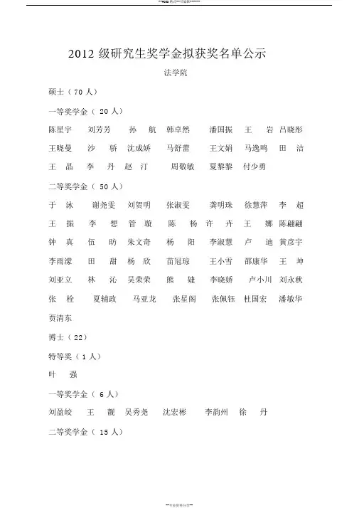 2012级研究生奖学金拟获奖名单公示
