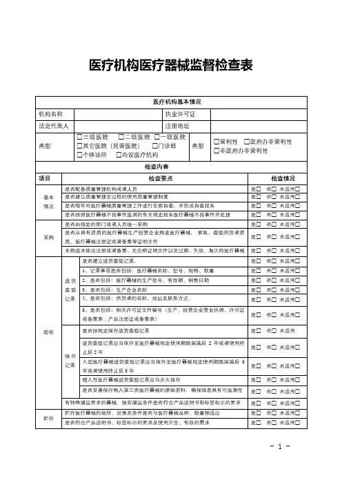 医疗机构医疗器械监督检查表