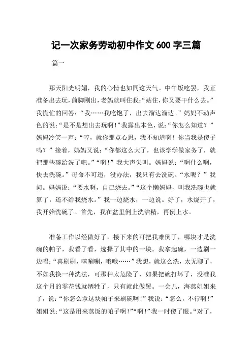 记一次家务劳动初中作文600字三篇