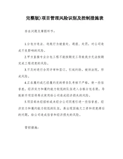 完整版)项目管理风险识别及控制措施表