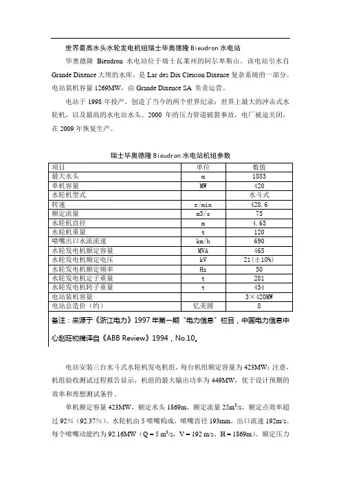 世界最高水头水轮发电机组瑞士毕奥德隆Bieudron水电站